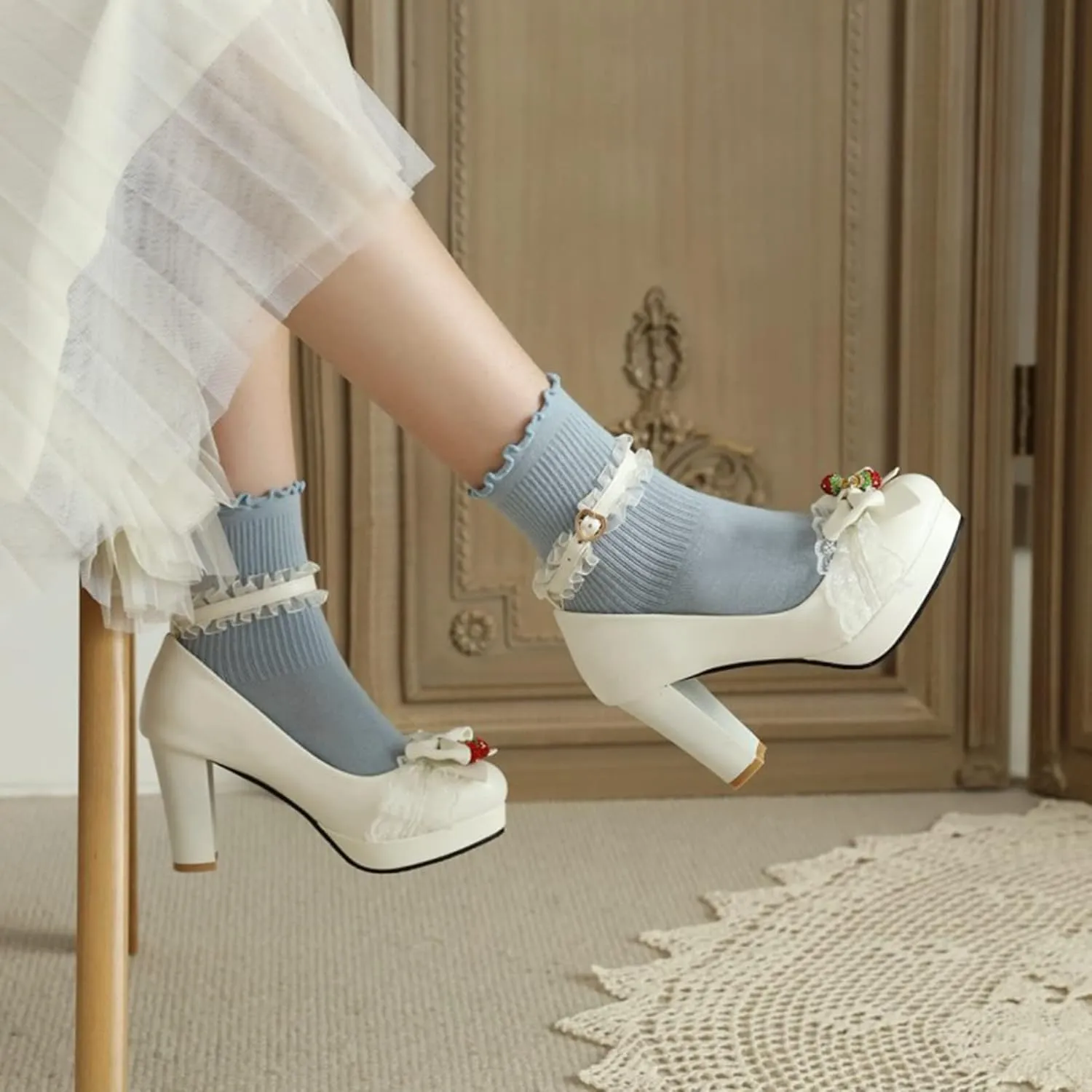 Women Chunky High Heel Lolita Shoes Round Toe Ankle Strap Bowknot Sweet Maid Platform Dress Pumps