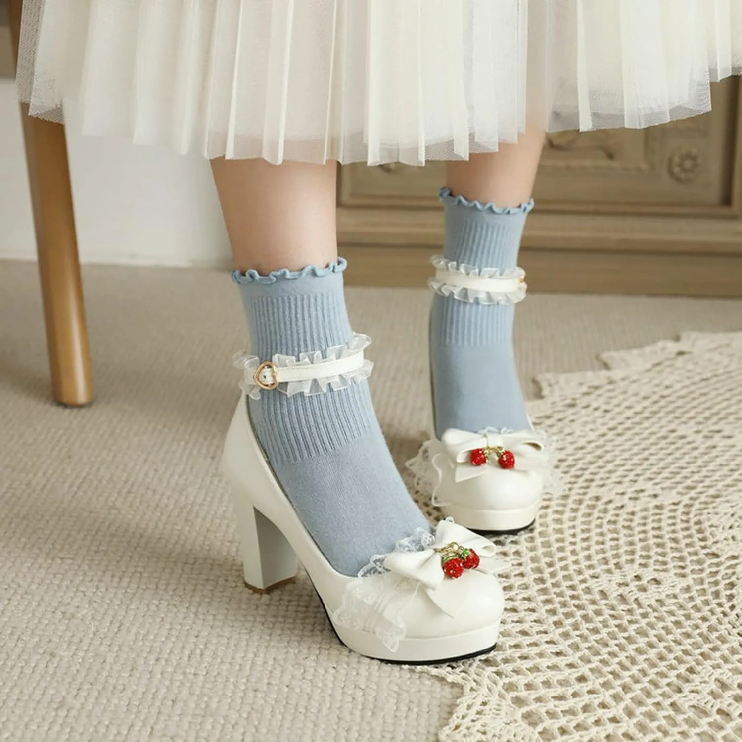 Women Chunky High Heel Lolita Shoes Round Toe Ankle Strap Bowknot Sweet Maid Platform Dress Pumps