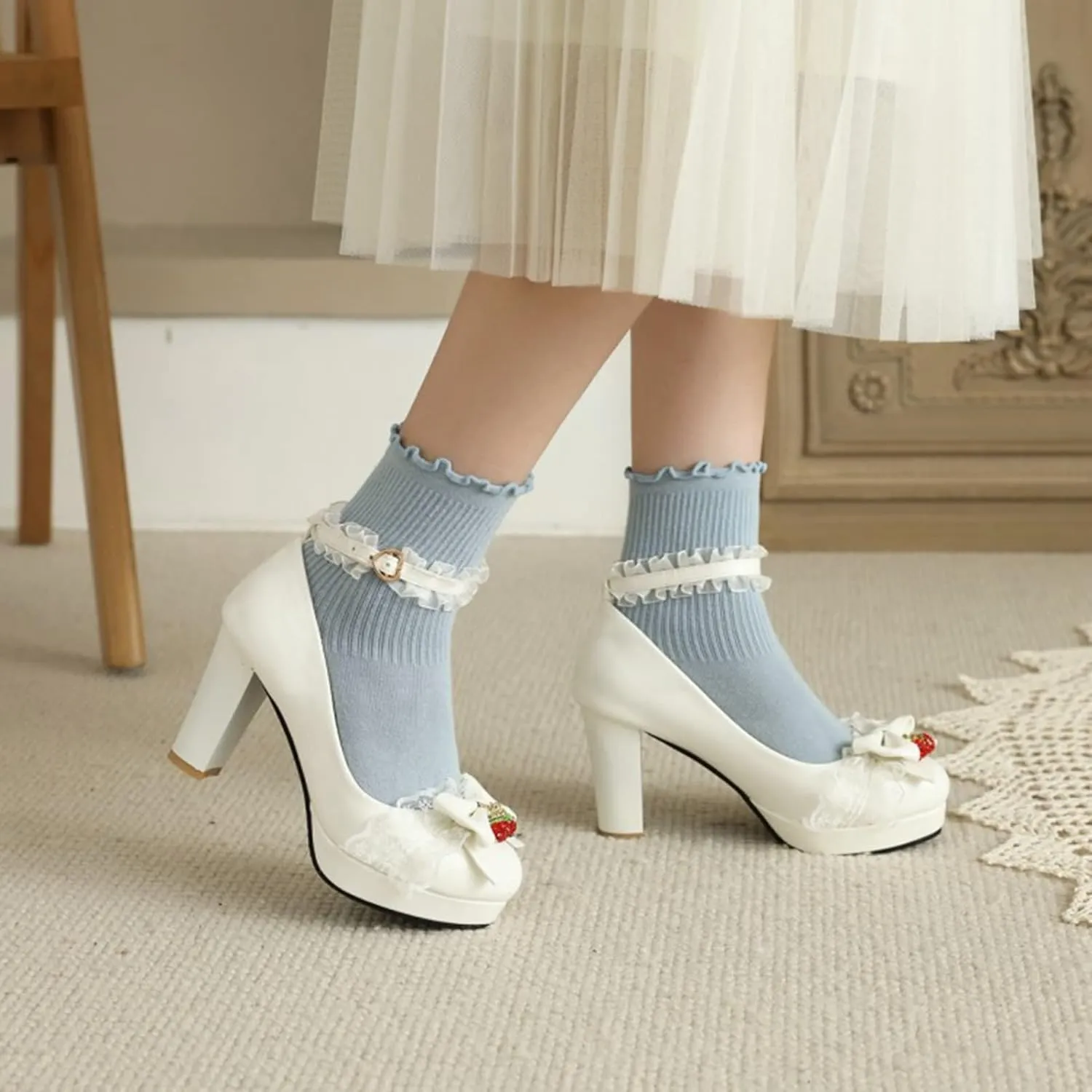 Women Chunky High Heel Lolita Shoes Round Toe Ankle Strap Bowknot Sweet Maid Platform Dress Pumps