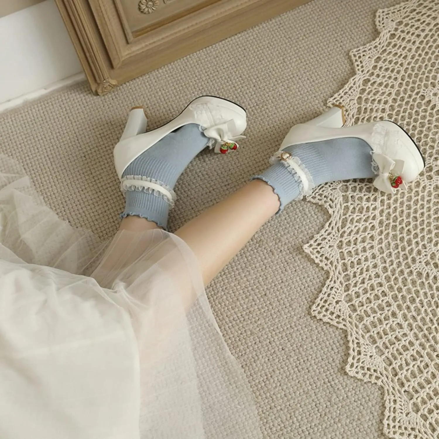 Women Chunky High Heel Lolita Shoes Round Toe Ankle Strap Bowknot Sweet Maid Platform Dress Pumps