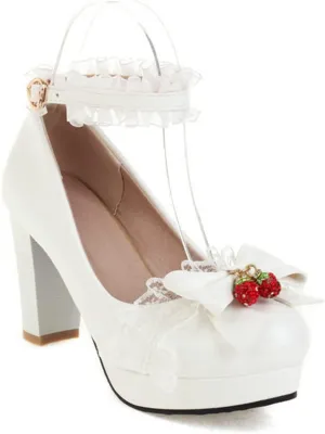 Women Chunky High Heel Lolita Shoes Round Toe Ankle Strap Bowknot Sweet Maid Platform Dress Pumps