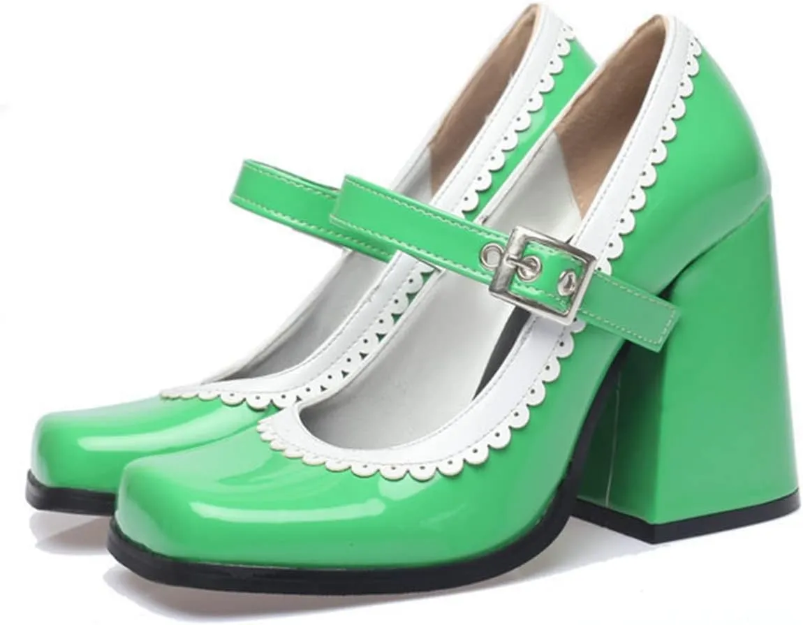 Women Chunky High Heel Mary Jane Shoes Comfy Two Tone PU Leather Sweet Square Toe Work Dress Pumps