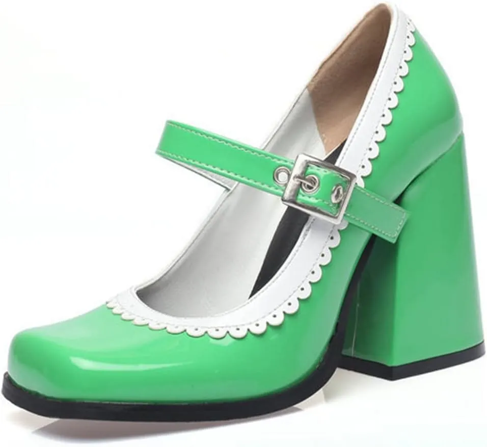 Women Chunky High Heel Mary Jane Shoes Comfy Two Tone PU Leather Sweet Square Toe Work Dress Pumps