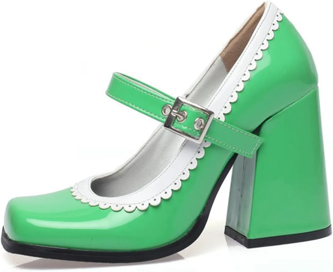 Women Chunky High Heel Mary Jane Shoes Comfy Two Tone PU Leather Sweet Square Toe Work Dress Pumps