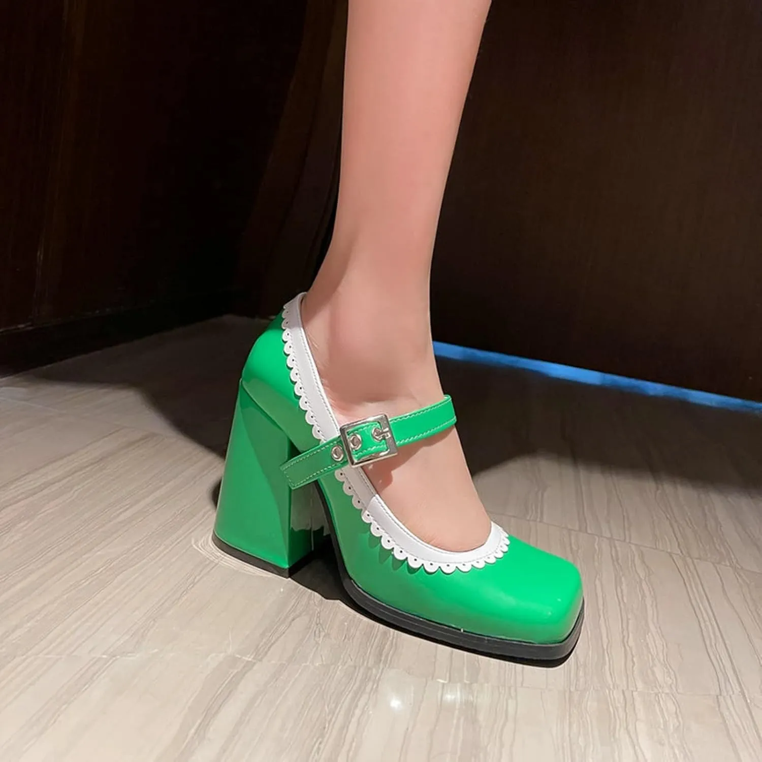 Women Chunky High Heel Mary Jane Shoes Comfy Two Tone PU Leather Sweet Square Toe Work Dress Pumps