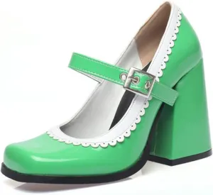 Women Chunky High Heel Mary Jane Shoes Comfy Two Tone PU Leather Sweet Square Toe Work Dress Pumps