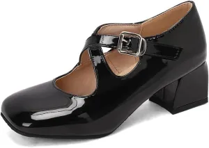 Women Elegant Mary Jane Pumps Glossy Patent Square Toe Block Heels with Belt Buckles