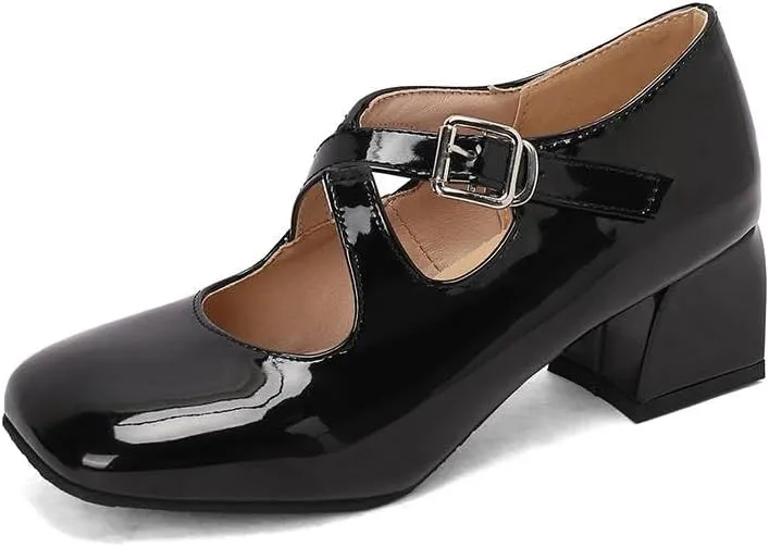 Women Elegant Mary Jane Pumps Glossy Patent Square Toe Block Heels with Belt Buckles