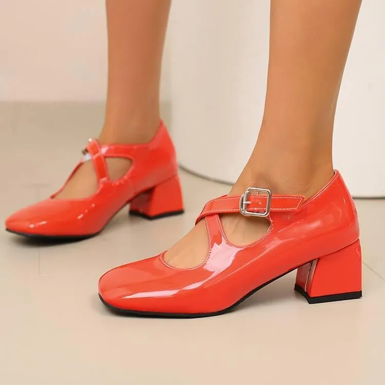 Women Elegant Mary Jane Pumps Glossy Patent Square Toe Block Heels with Belt Buckles