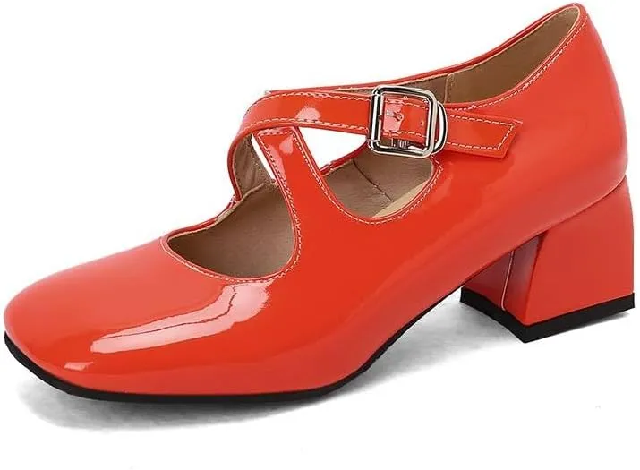Women Elegant Mary Jane Pumps Glossy Patent Square Toe Block Heels with Belt Buckles