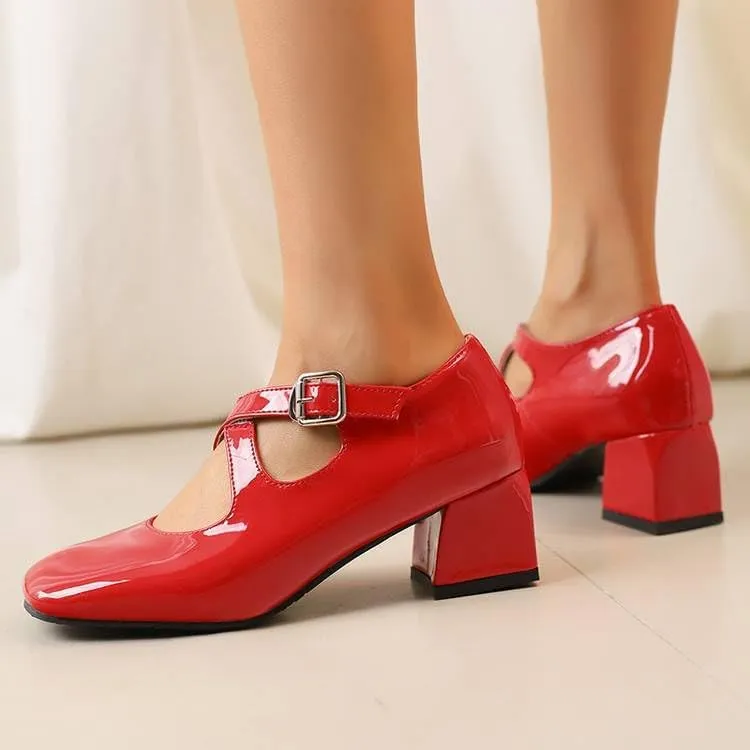 Women Elegant Mary Jane Pumps Glossy Patent Square Toe Block Heels with Belt Buckles