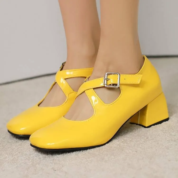 Women Elegant Mary Jane Pumps Glossy Patent Square Toe Block Heels with Belt Buckles