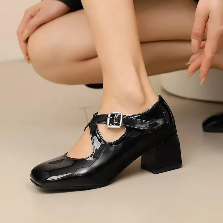 Women Elegant Mary Jane Pumps Glossy Patent Square Toe Block Heels with Belt Buckles