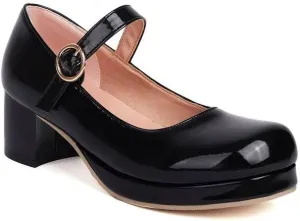 Women Elegant Mary Jane Pumps Square Toe Block Heels with Belt Buckles