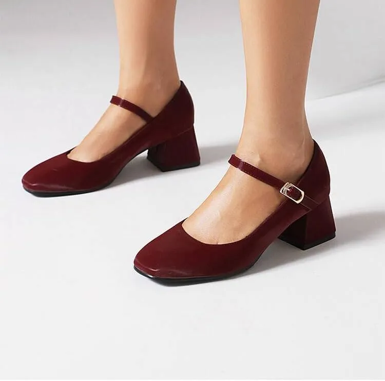 Women Elegant Mary Jane Pumps Square Toe Flare Heels with Belt Buckles