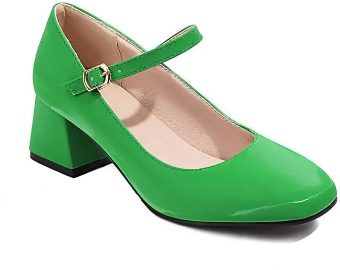 Women Elegant Mary Jane Pumps Square Toe Flare Heels with Belt Buckles