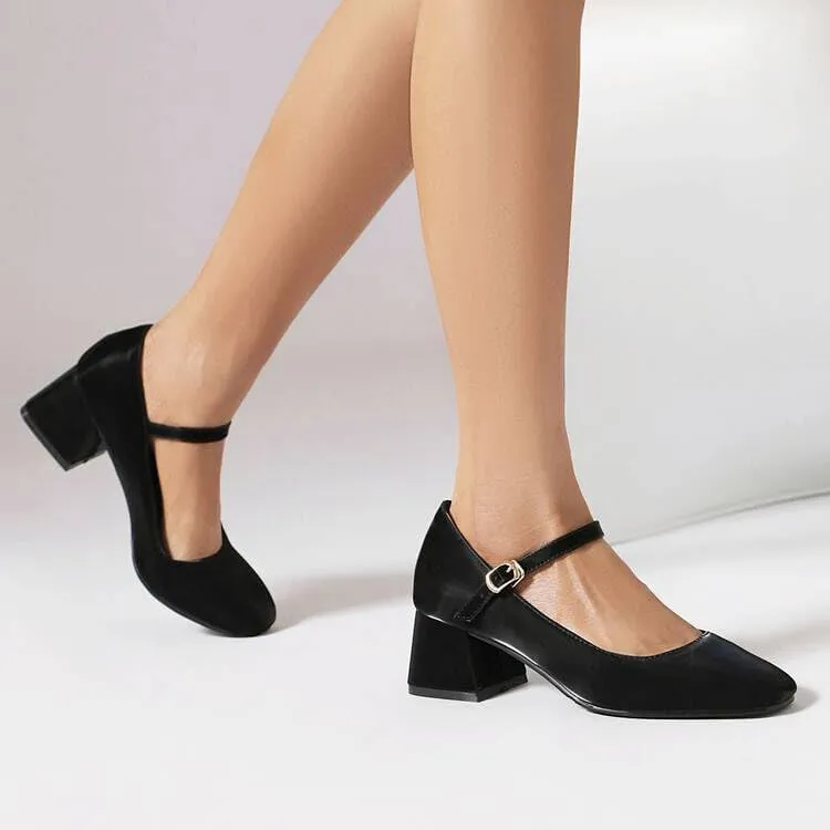 Women Elegant Mary Jane Pumps Square Toe Flare Heels with Belt Buckles