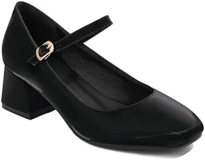 Women Elegant Mary Jane Pumps Square Toe Flare Heels with Belt Buckles