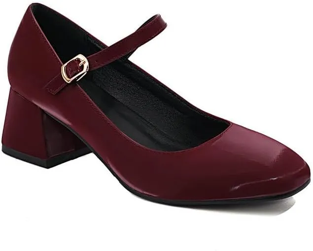 Women Elegant Mary Jane Pumps Square Toe Flare Heels with Belt Buckles