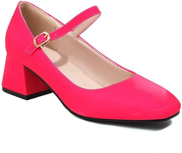 Women Elegant Mary Jane Pumps Square Toe Flare Heels with Belt Buckles