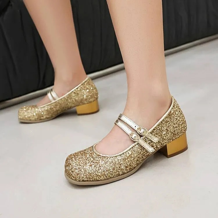Women Exquisite Mary Jane Pumps Low Block Heels with Bling Sequins