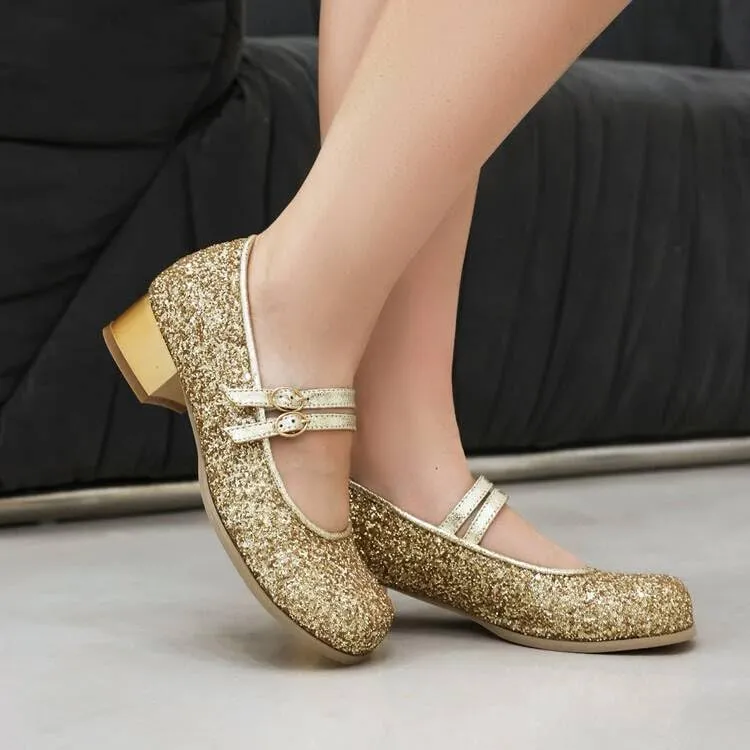 Women Exquisite Mary Jane Pumps Low Block Heels with Bling Sequins