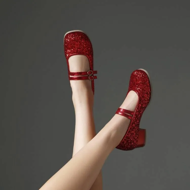 Women Exquisite Mary Jane Pumps Low Block Heels with Bling Sequins