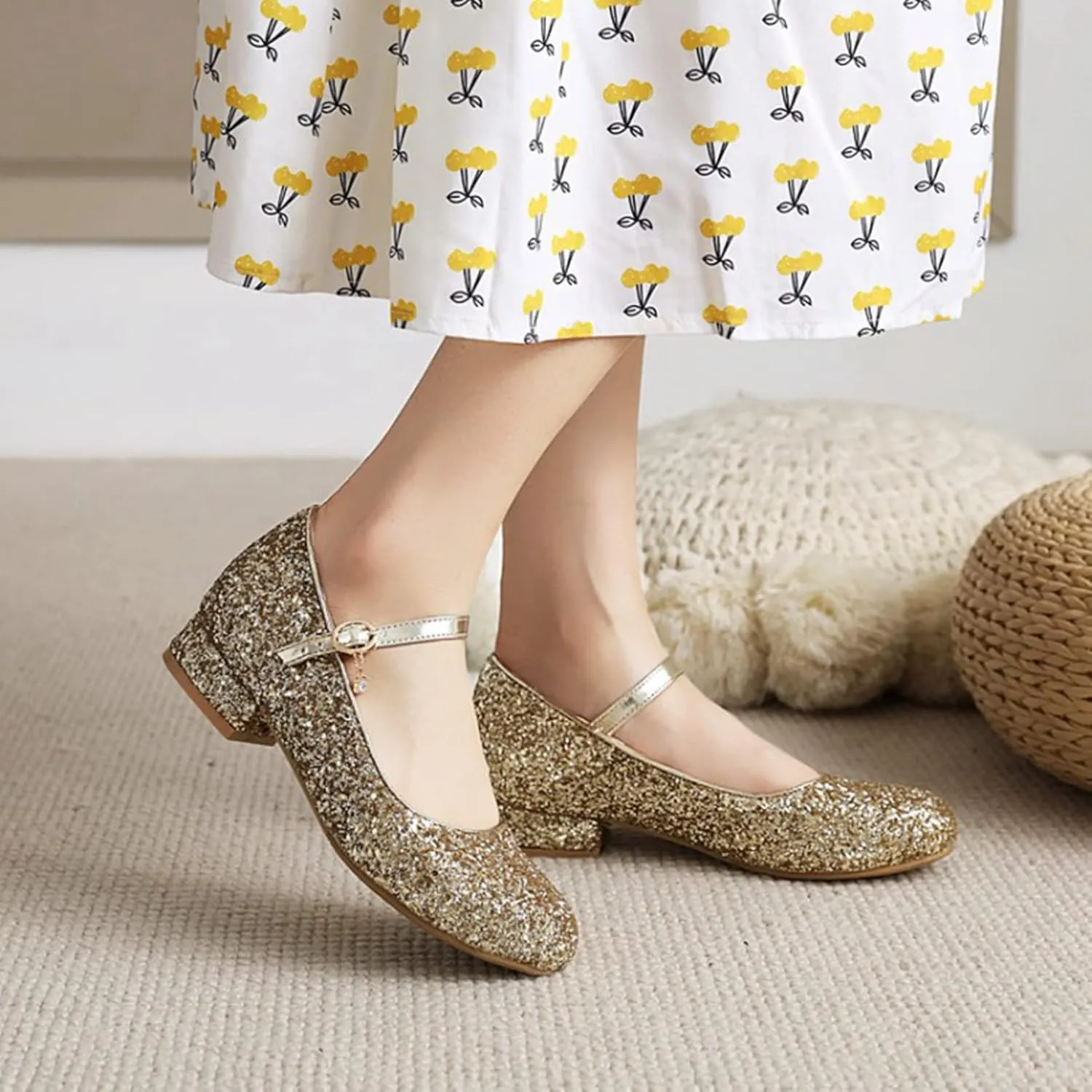 Women Glitter Mary Janes Round Toe Low Heel Pumps Sparkly Sequins Bridal Wedding Party Dress Shoes