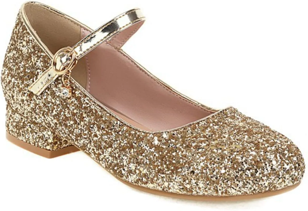 Women Glitter Mary Janes Round Toe Low Heel Pumps Sparkly Sequins Bridal Wedding Party Dress Shoes