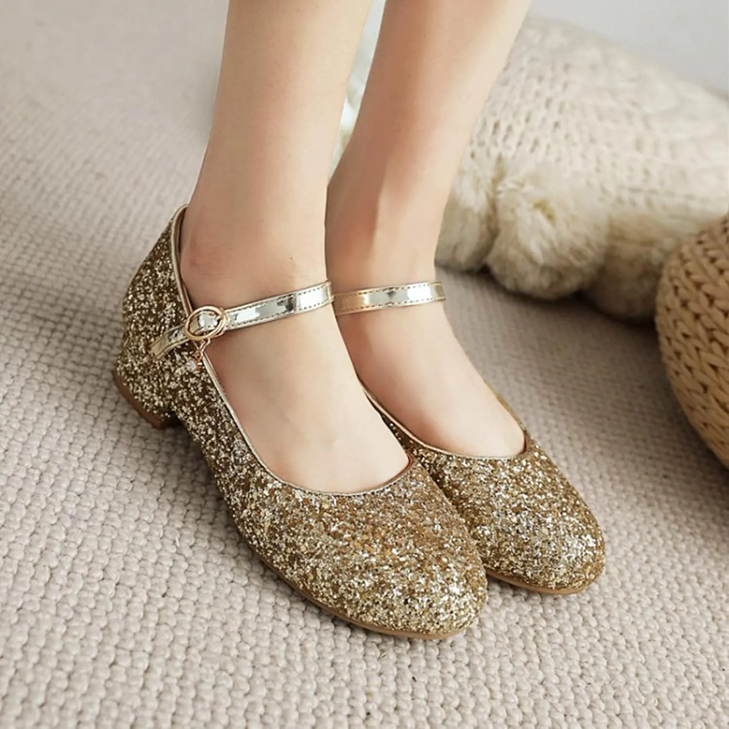Women Glitter Mary Janes Round Toe Low Heel Pumps Sparkly Sequins Bridal Wedding Party Dress Shoes