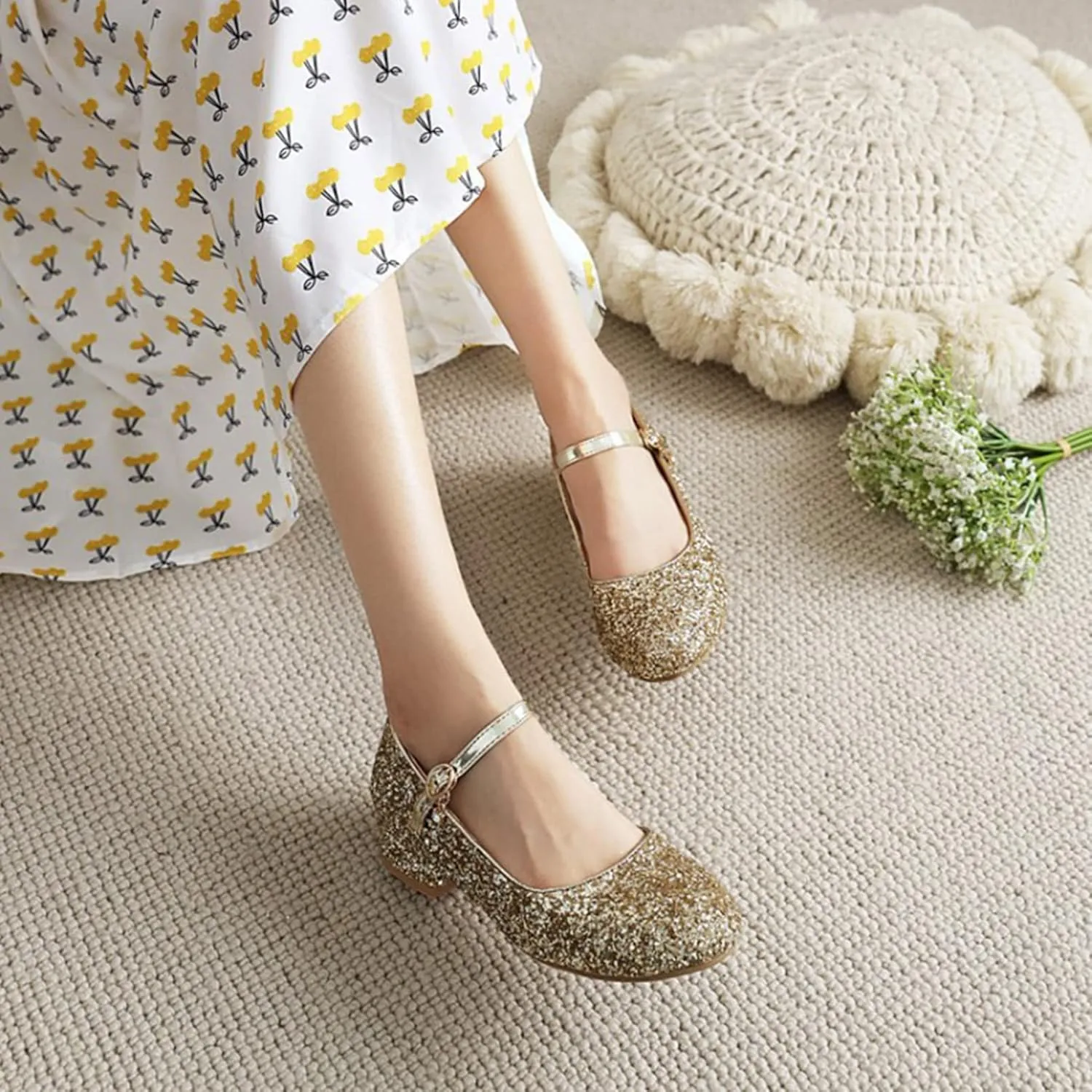 Women Glitter Mary Janes Round Toe Low Heel Pumps Sparkly Sequins Bridal Wedding Party Dress Shoes