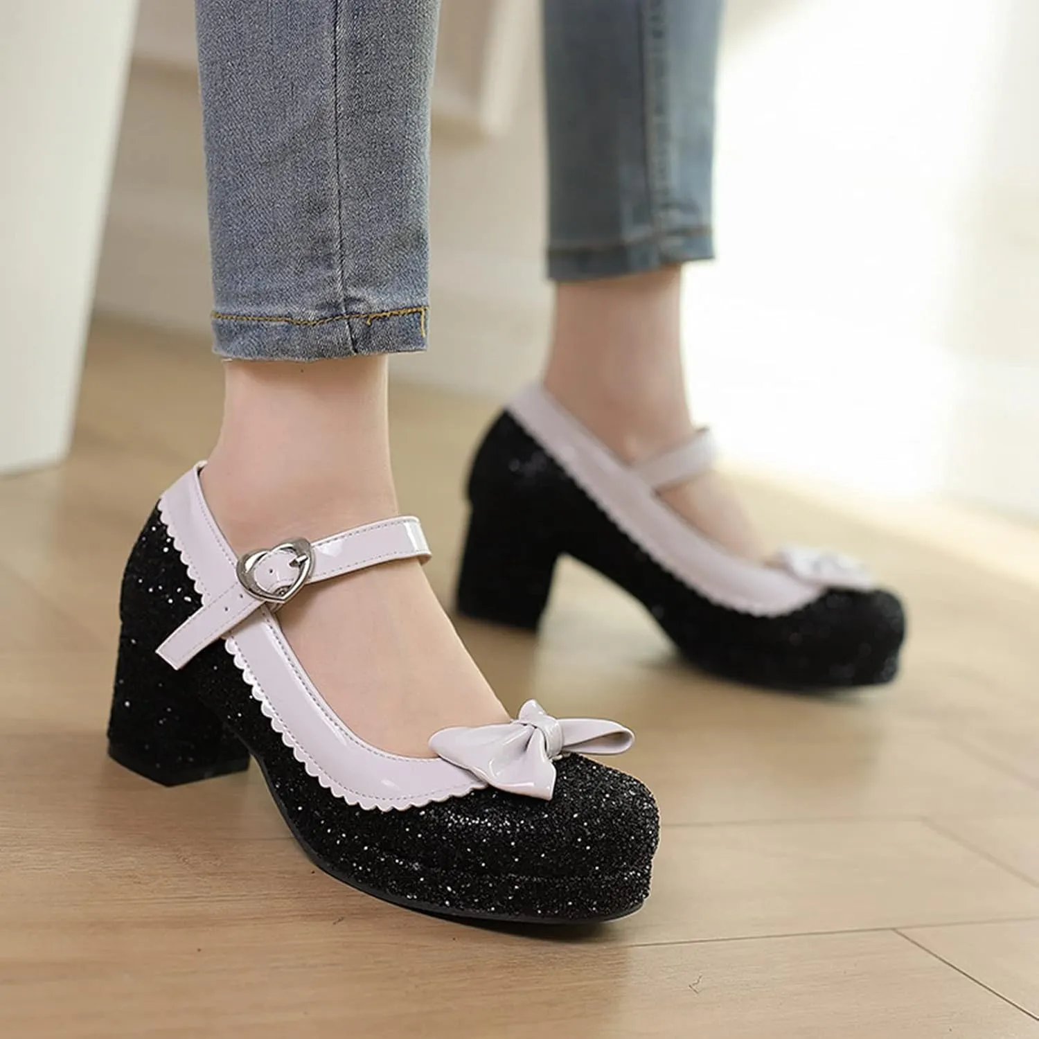 Women Glitter Sequin Mary Jane Platform Pumps Two Tone Bow Comfort Mid Block Heel Bridal Wedding Shoes