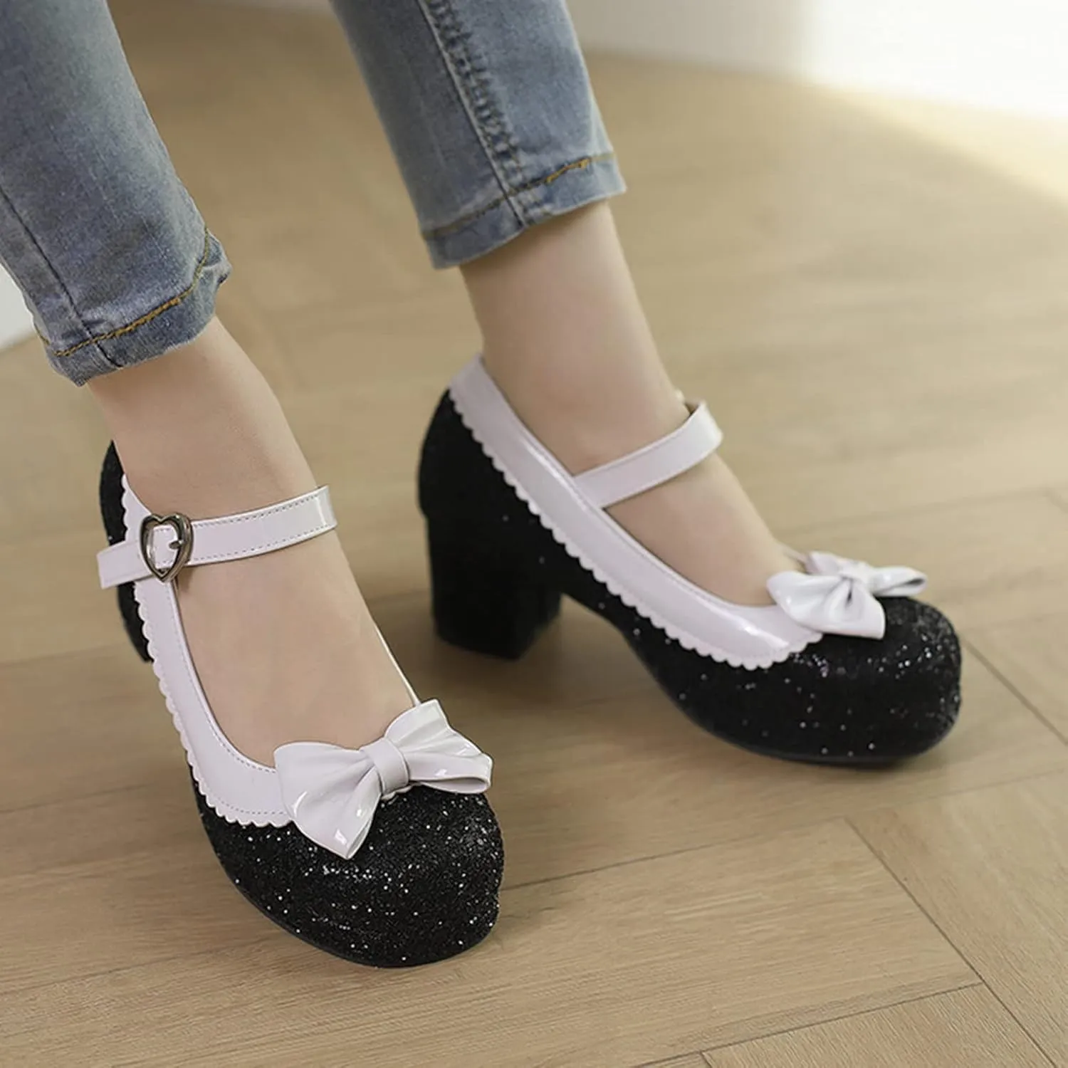 Women Glitter Sequin Mary Jane Platform Pumps Two Tone Bow Comfort Mid Block Heel Bridal Wedding Shoes