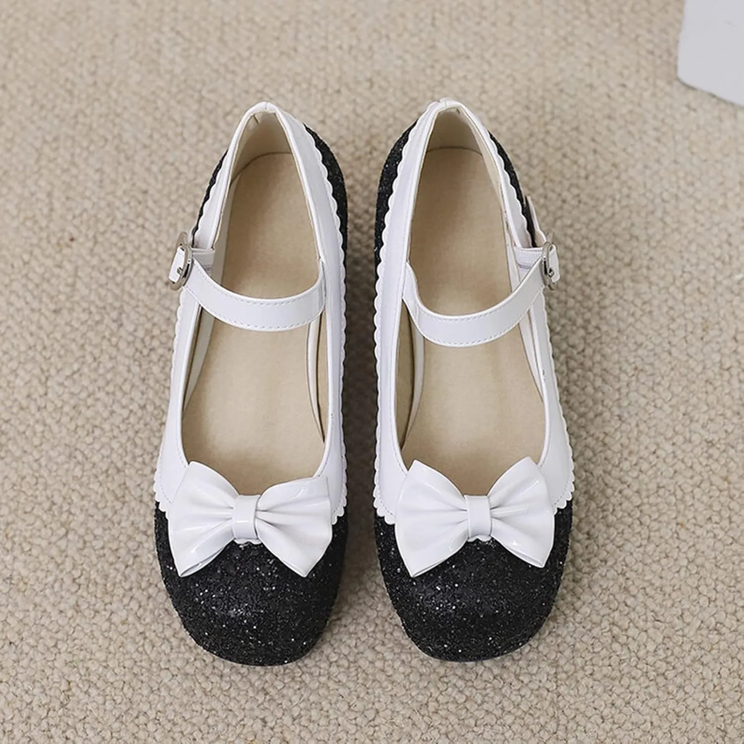 Women Glitter Sequin Mary Jane Platform Pumps Two Tone Bow Comfort Mid Block Heel Bridal Wedding Shoes