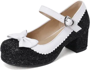 Women Glitter Sequin Mary Jane Platform Pumps Two Tone Bow Comfort Mid Block Heel Bridal Wedding Shoes