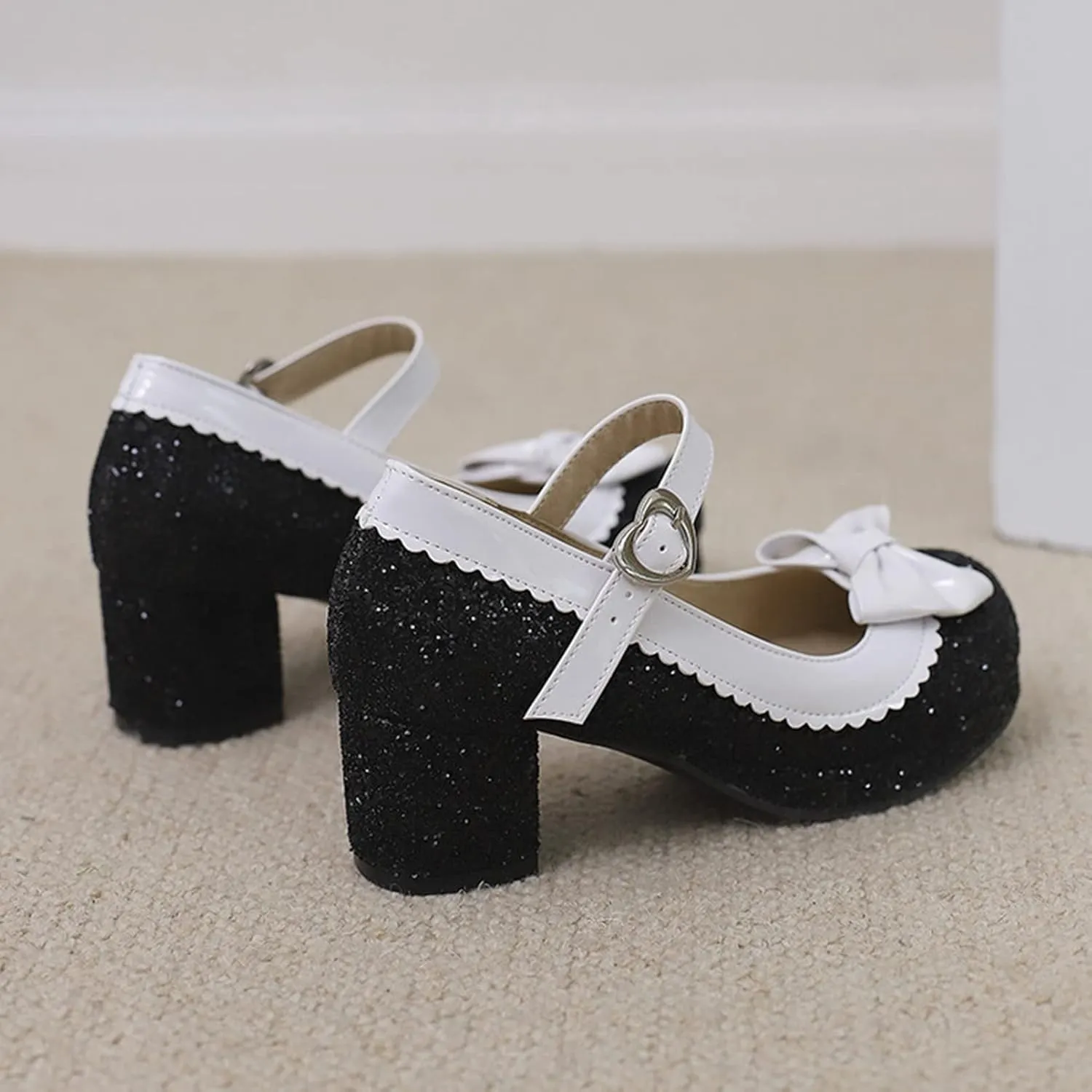 Women Glitter Sequin Mary Jane Platform Pumps Two Tone Bow Comfort Mid Block Heel Bridal Wedding Shoes