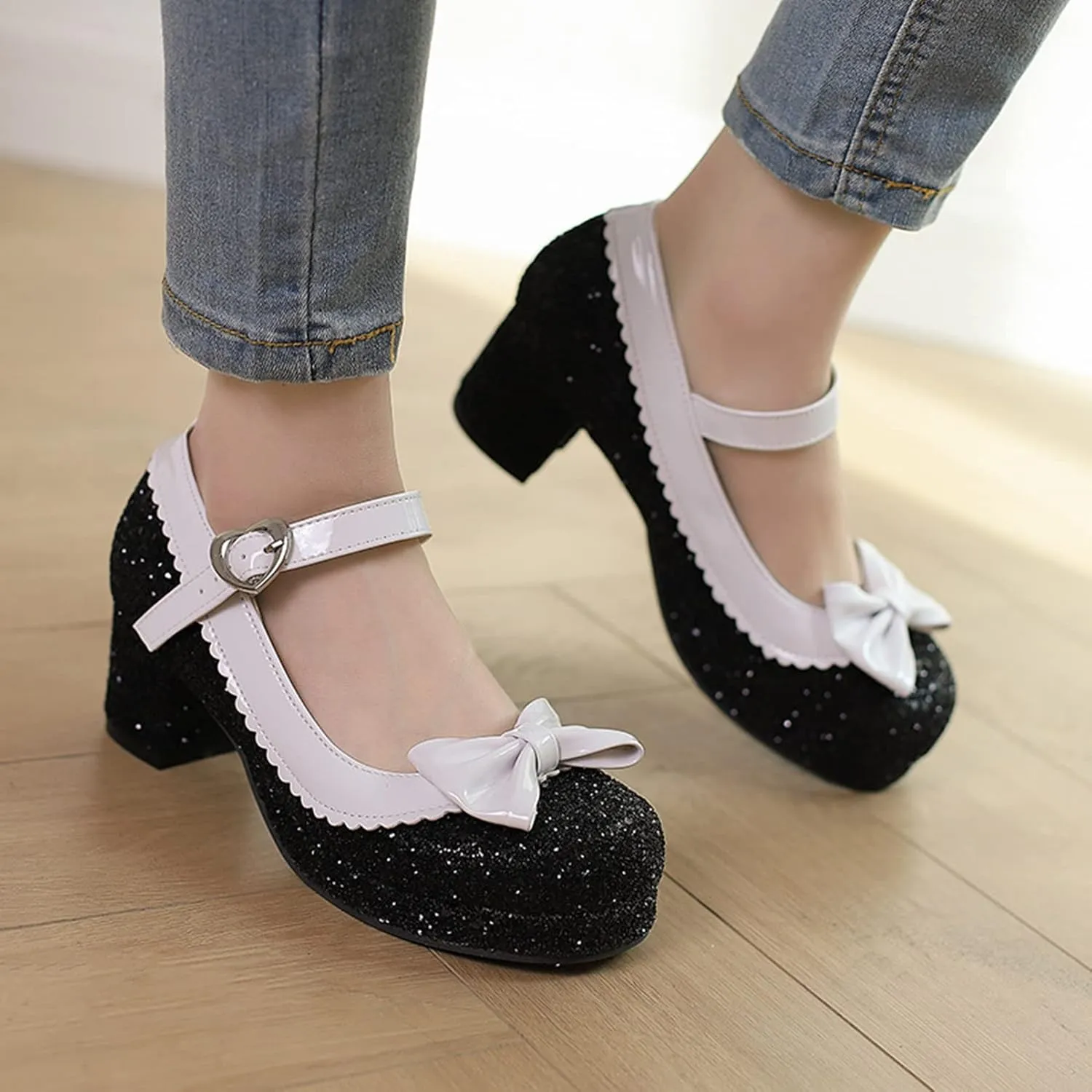 Women Glitter Sequin Mary Jane Platform Pumps Two Tone Bow Comfort Mid Block Heel Bridal Wedding Shoes