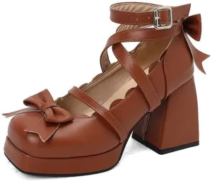Women Lolita Bow Ankle Strap Platform Pumps Square Toe Block Heels