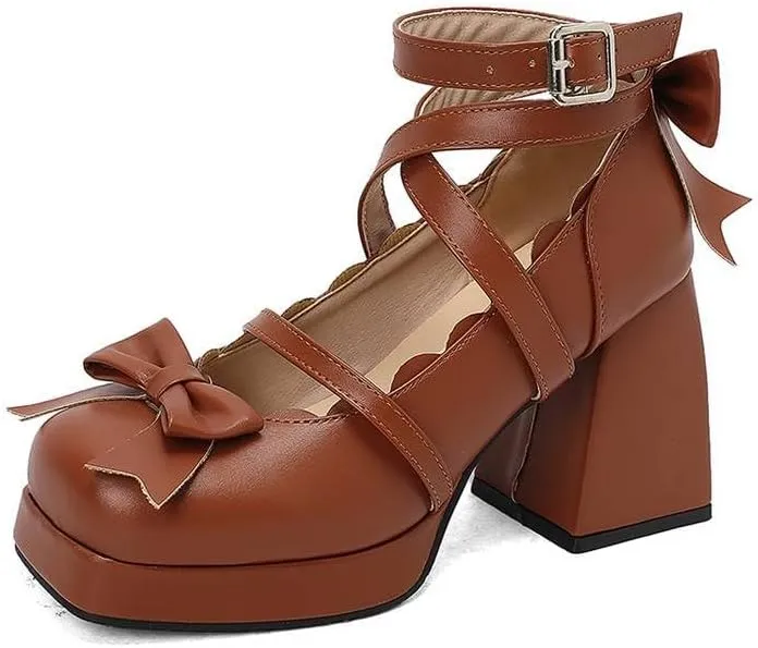Women Lolita Bow Ankle Strap Platform Pumps Square Toe Block Heels