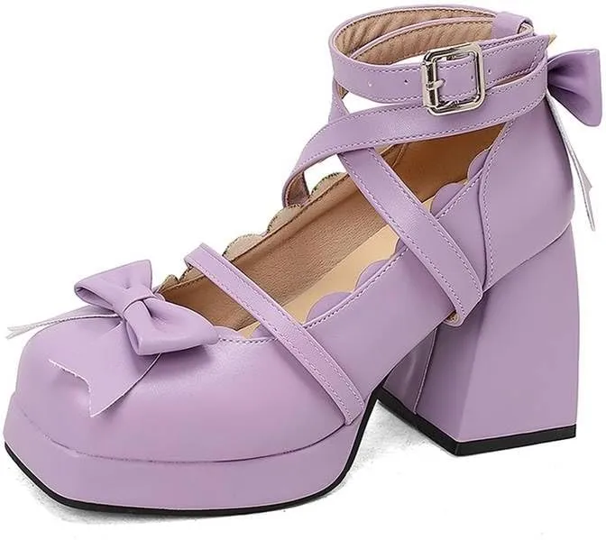 Women Lolita Bow Ankle Strap Platform Pumps Square Toe Block Heels