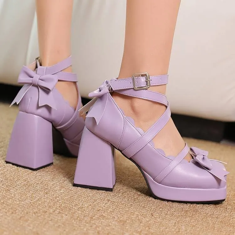 Women Lolita Bow Ankle Strap Platform Pumps Square Toe Block Heels