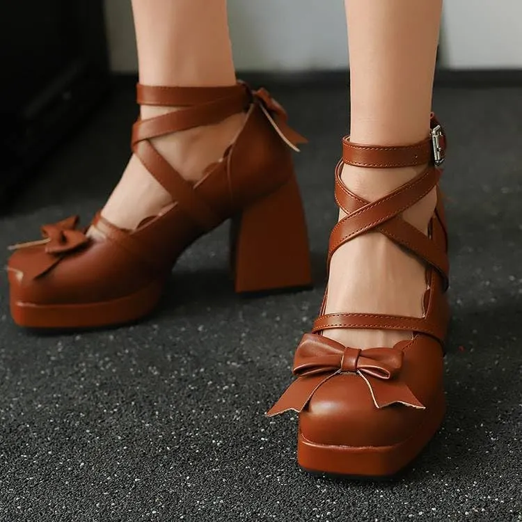 Women Lolita Bow Ankle Strap Platform Pumps Square Toe Block Heels