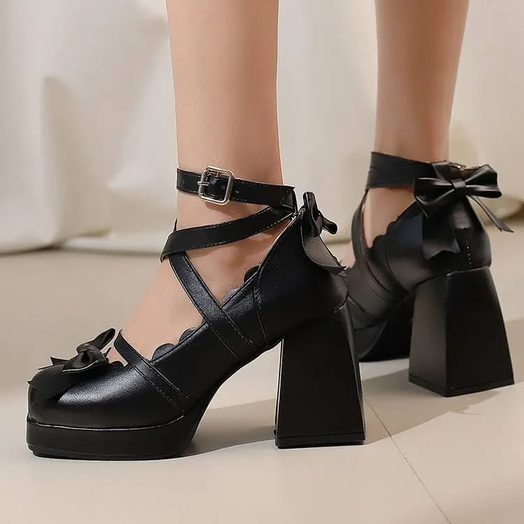 Women Lolita Bow Ankle Strap Platform Pumps Square Toe Block Heels