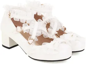 Women Lolita Bow Mary Jane Pumps Block Heels with Belt Buckles Lace