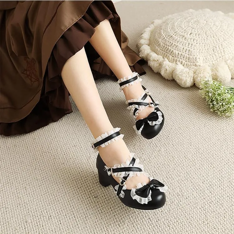Women Lolita Bow Mary Jane Pumps Block Heels with Belt Buckles Lace