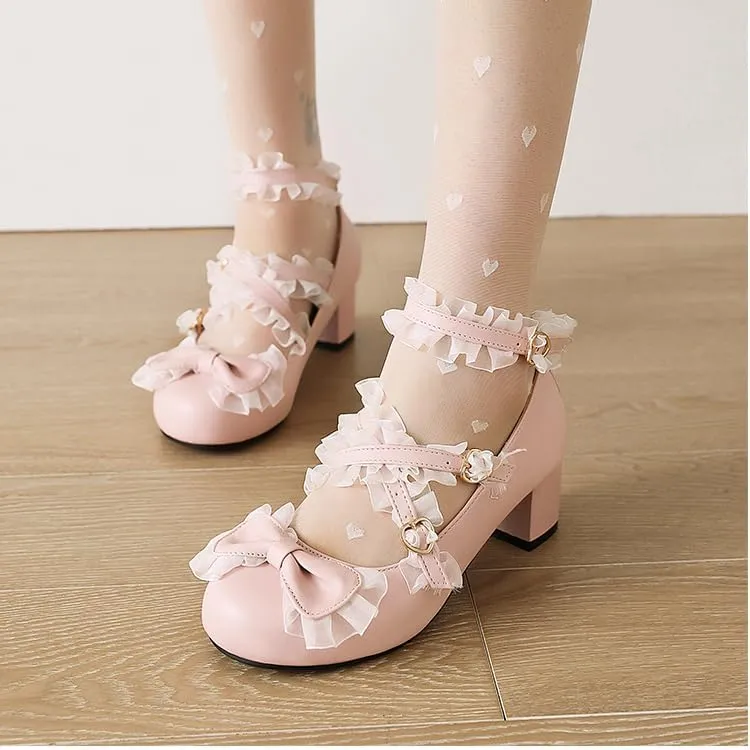 Women Lolita Bow Mary Jane Pumps Block Heels with Belt Buckles Lace