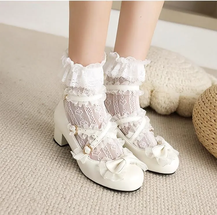 Women Lolita Bow Mary Jane Pumps Block Heels with Belt Buckles Lace
