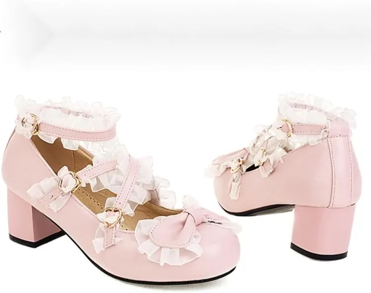 Women Lolita Bow Mary Jane Pumps Block Heels with Belt Buckles Lace