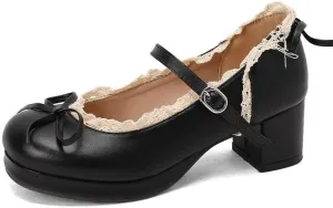 Women Lolita Bow Platform Pumps Block Heels with Belt Buckles Lace