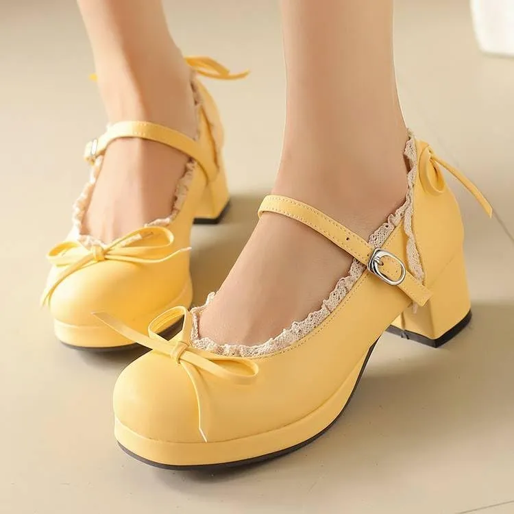 Women Lolita Bow Platform Pumps Block Heels with Belt Buckles Lace